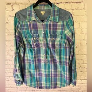 HINGE Nordstrom Western Blouse Blue Purple Green Plaid Chambray Detail Size M